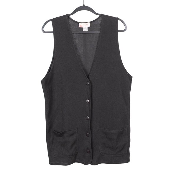 Metro 212 VTG Sweater Vest M Womens Black Button Front Long Pockets Cotton Blend - Picture 1 of 5